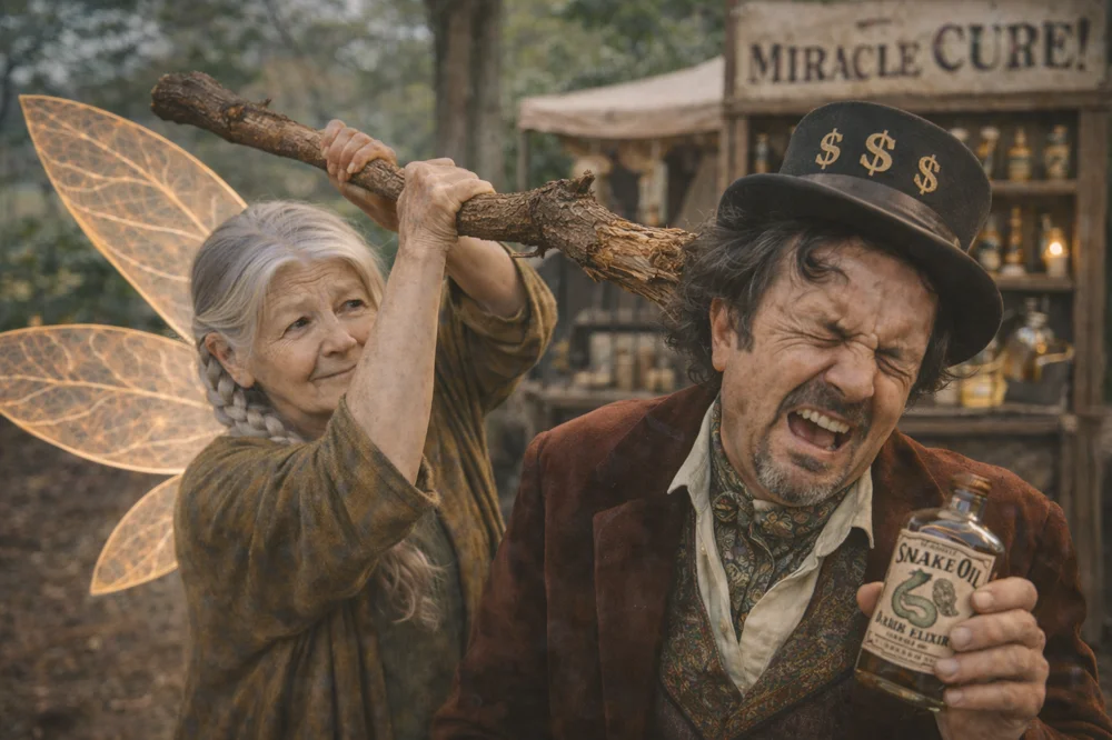 The Tooth Fairy deals with a snake oil salesman.