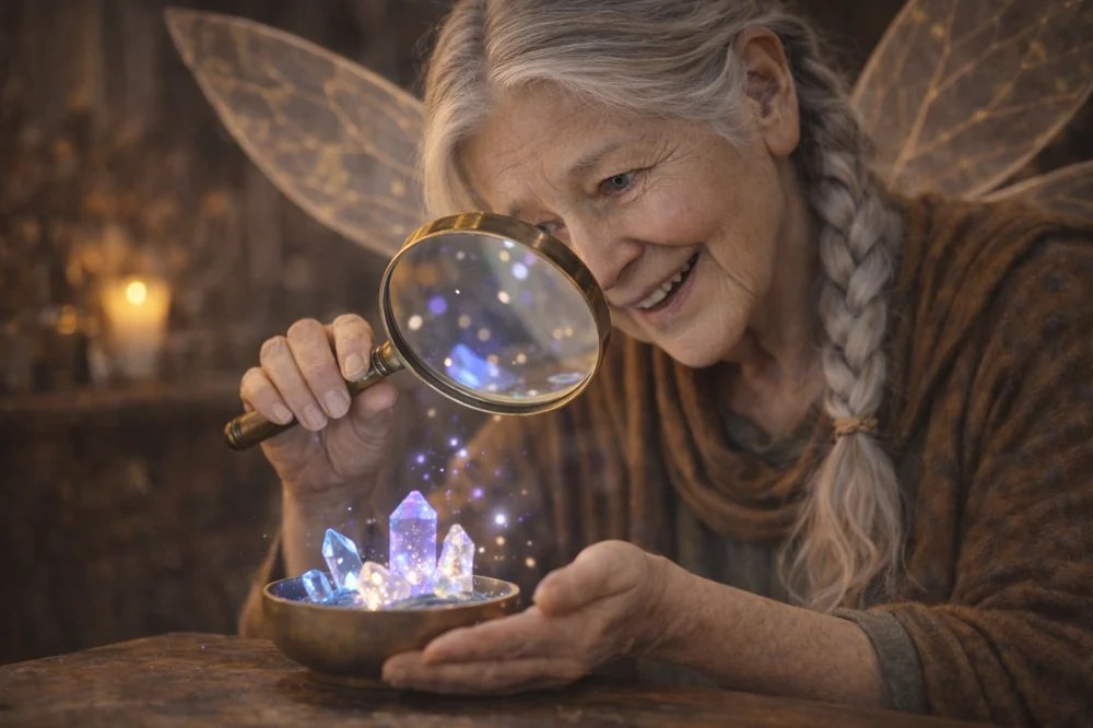 The Tooth Fairy admiring glowing nano-hydroxyapatite crystals.