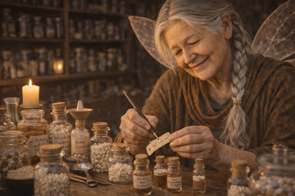 The Tooth Fairy in her apothecary, mixing ingredients with measuring tools.
