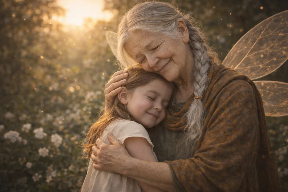 The Tooth Fairy giving a warm hug to a young child.
