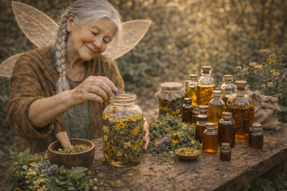 The Tooth Fairy adding herbs and flowers to a concoction at her outdoor table.