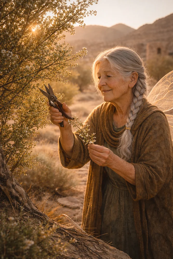 The Tooth Fairy tending to a glowing Salvadora persica tree.