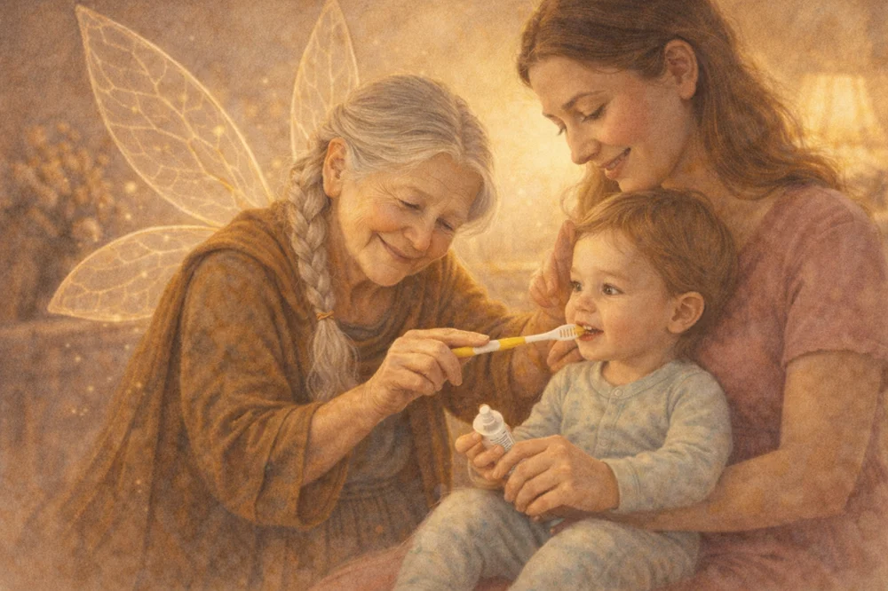 The Tooth Fairy showing a mother how to brush her toddler's teeth.