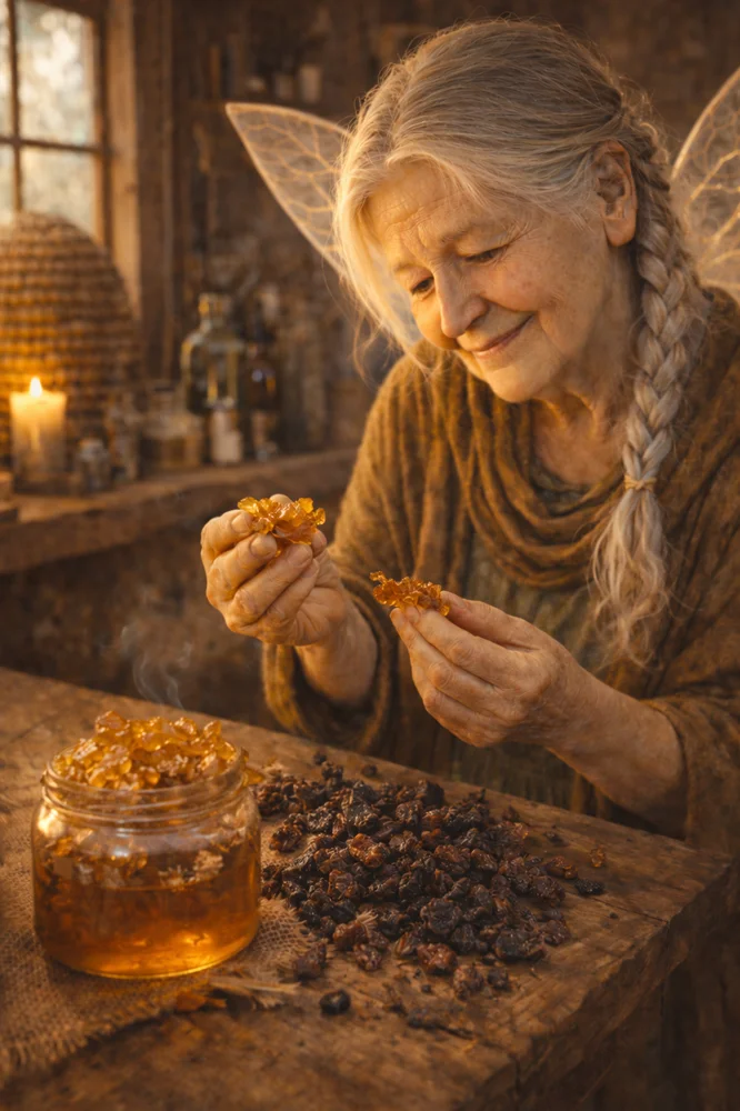 The Tooth Fairy examining amber propolis and dark myrrh resin.