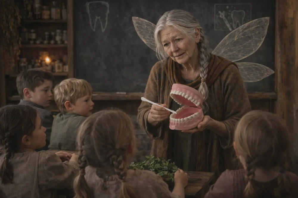 The Tooth Fairy teaching children how to brush.