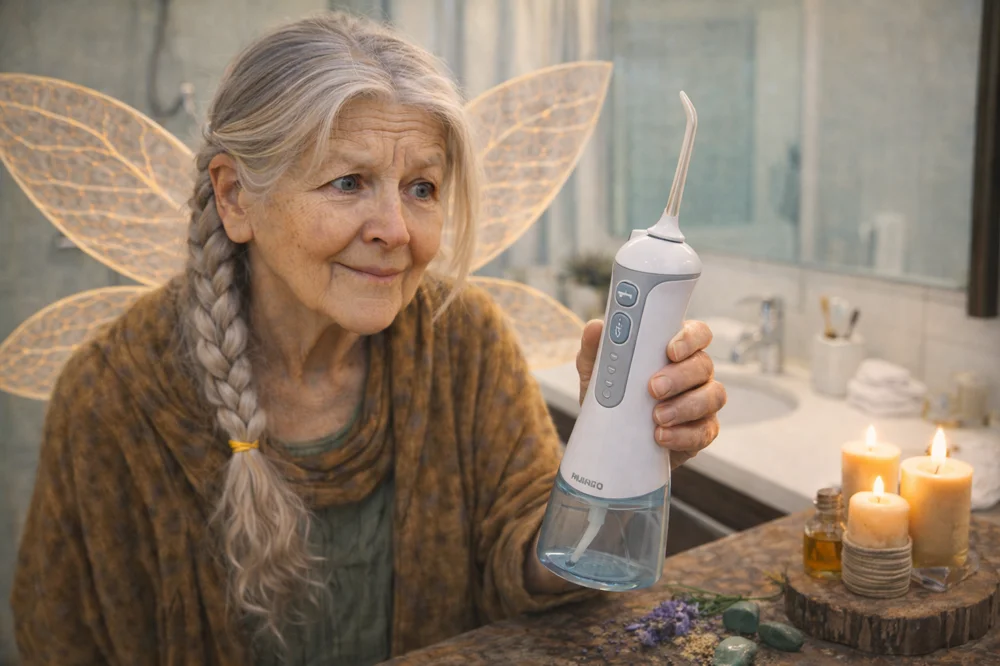 The Tooth Fairy curiously examining a modern water flosser.